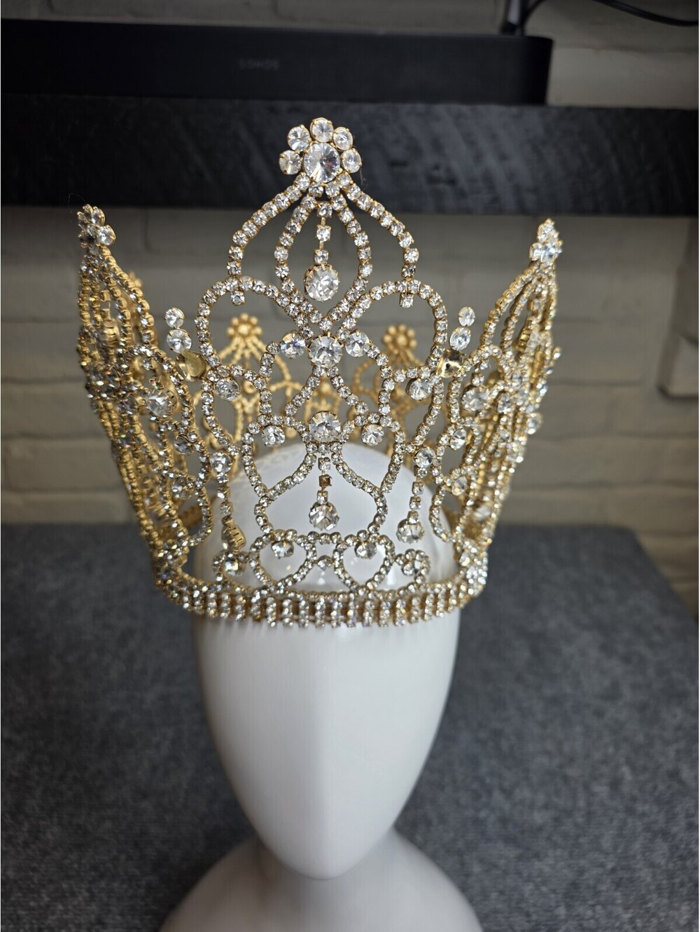 Gold Rhinestone Pageant Crown 7" Large Crystal Tiara Bridal Prom Queen Read